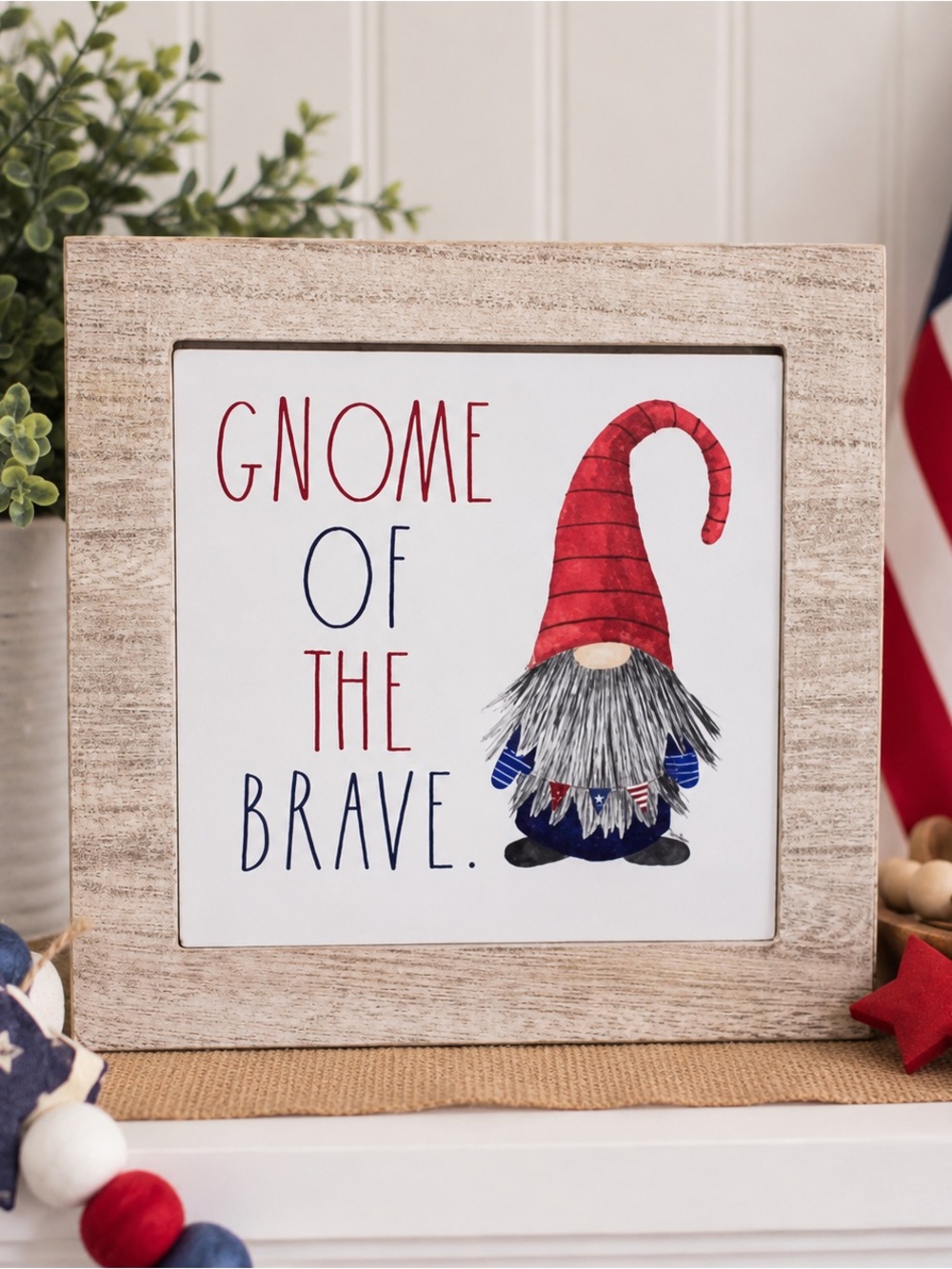 NEW Rae Dunn “GNOME OF THE BRAVE” Patriotic Wood Sign | 8x8 Farmhouse Decor